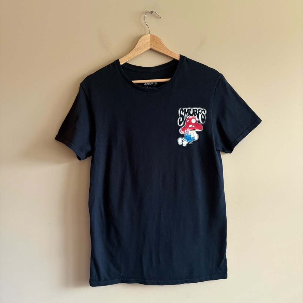 Black Smurfs Graphic T-Shirt with Mushrooms, Size Small